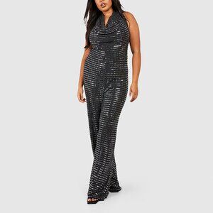 Sexy Glitter Black and Silver Metallic Cowl Neck Wide Leg Jumpsuit